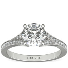 Milgrain and Pavé V-Shank Diamond Engagement Ring in 14k White Gold (1/8 ct. wt.)